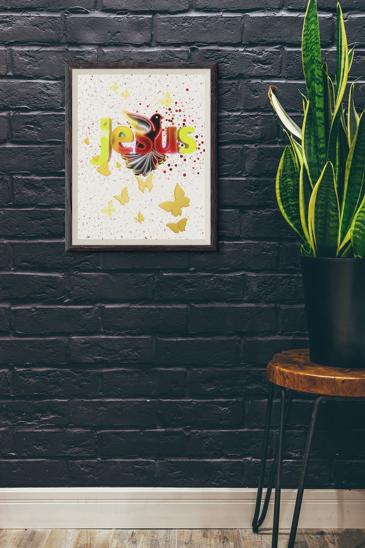 Poster Jesus Schmetterlinge/Vögel weiß