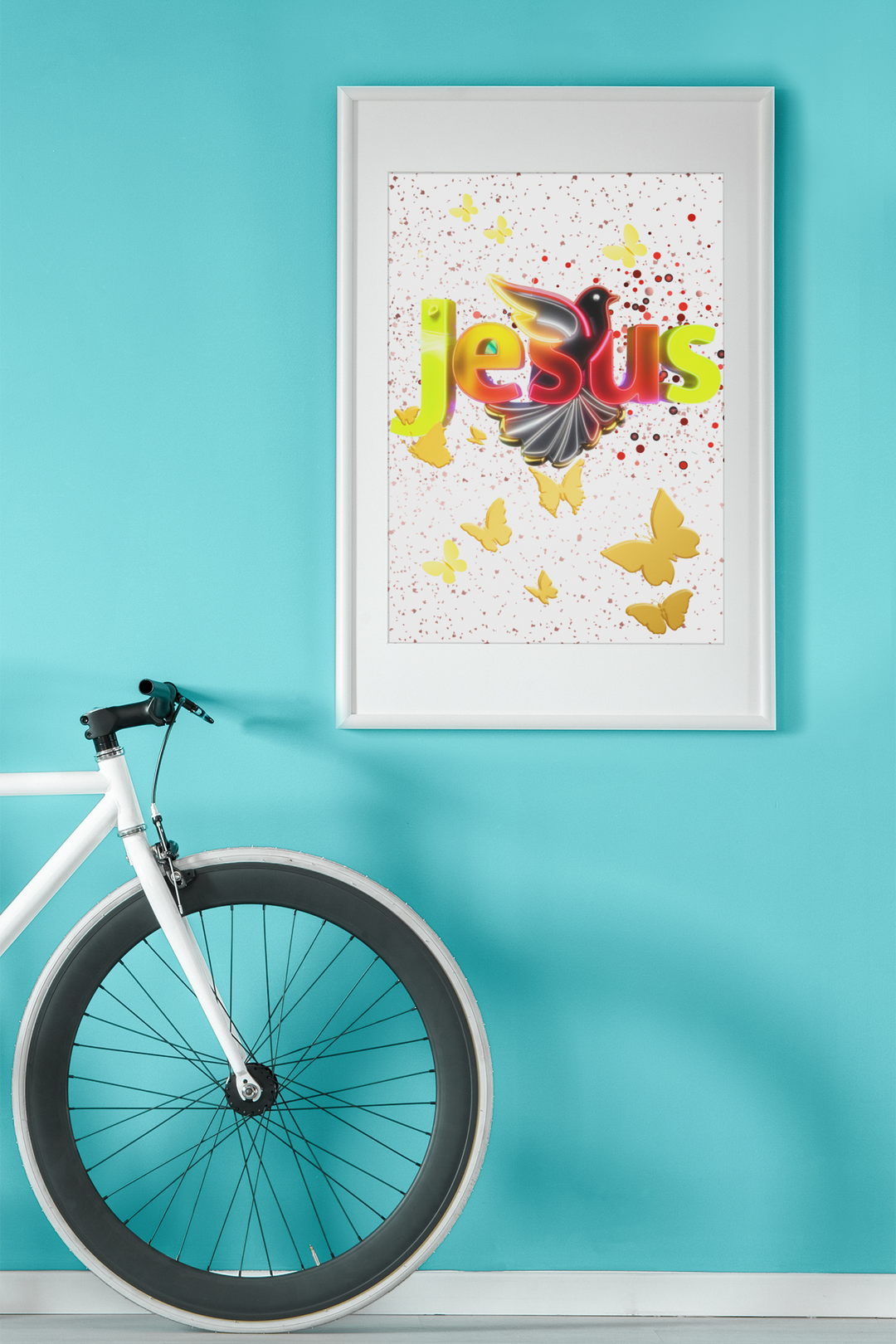 Poster Jesus Schmetterlinge/Vögel weiß